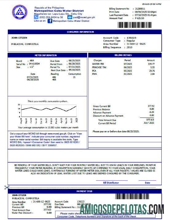 imprimível Modelo de conta de serviços públicos do distrito metropolitano de água de Cebu das Filipinas em formatos Word e PDF